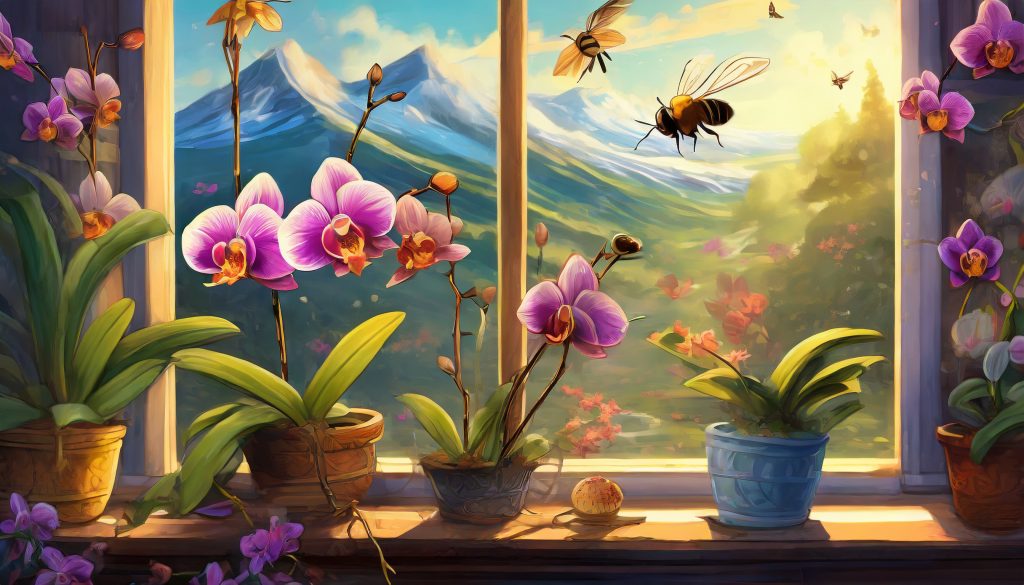 Firefly Orchideen Wachsen Auf Einer Fensterbank Im Hintergrund Fliegen Bienen Am Fenster Vorbei 9352
