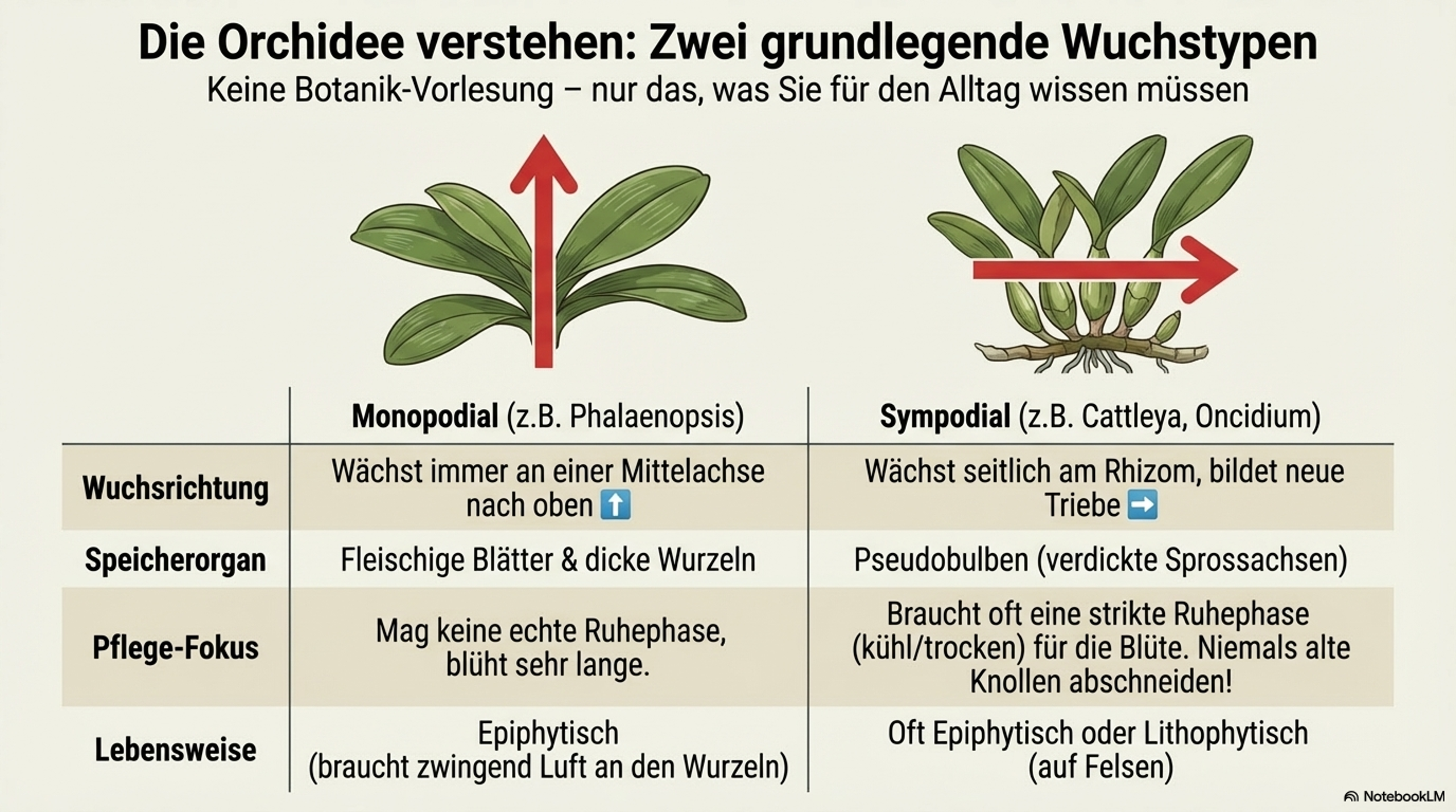 Infografik: Die zwei Wuchstypen bei Orchideen – Monopodial (Phalaenopsis) und Sympodial (Cattleya, Oncidium) im Vergleich