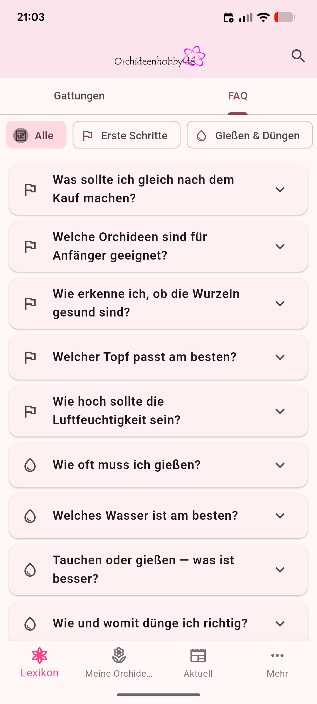 FAQ-Bereich der Orchideenhobby.de-App mit Fragen zu Kauf, Wurzeln, Gießen und Düngen
