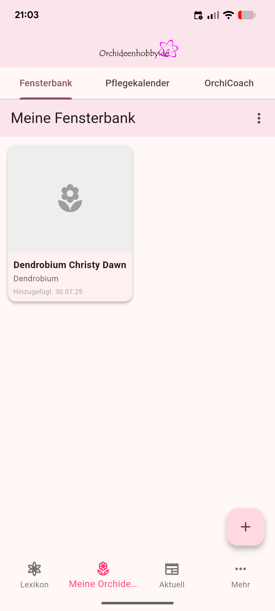 Meine Fensterbank in der Orchideenhobby.de-App mit eigener Orchideen-Sammlung
