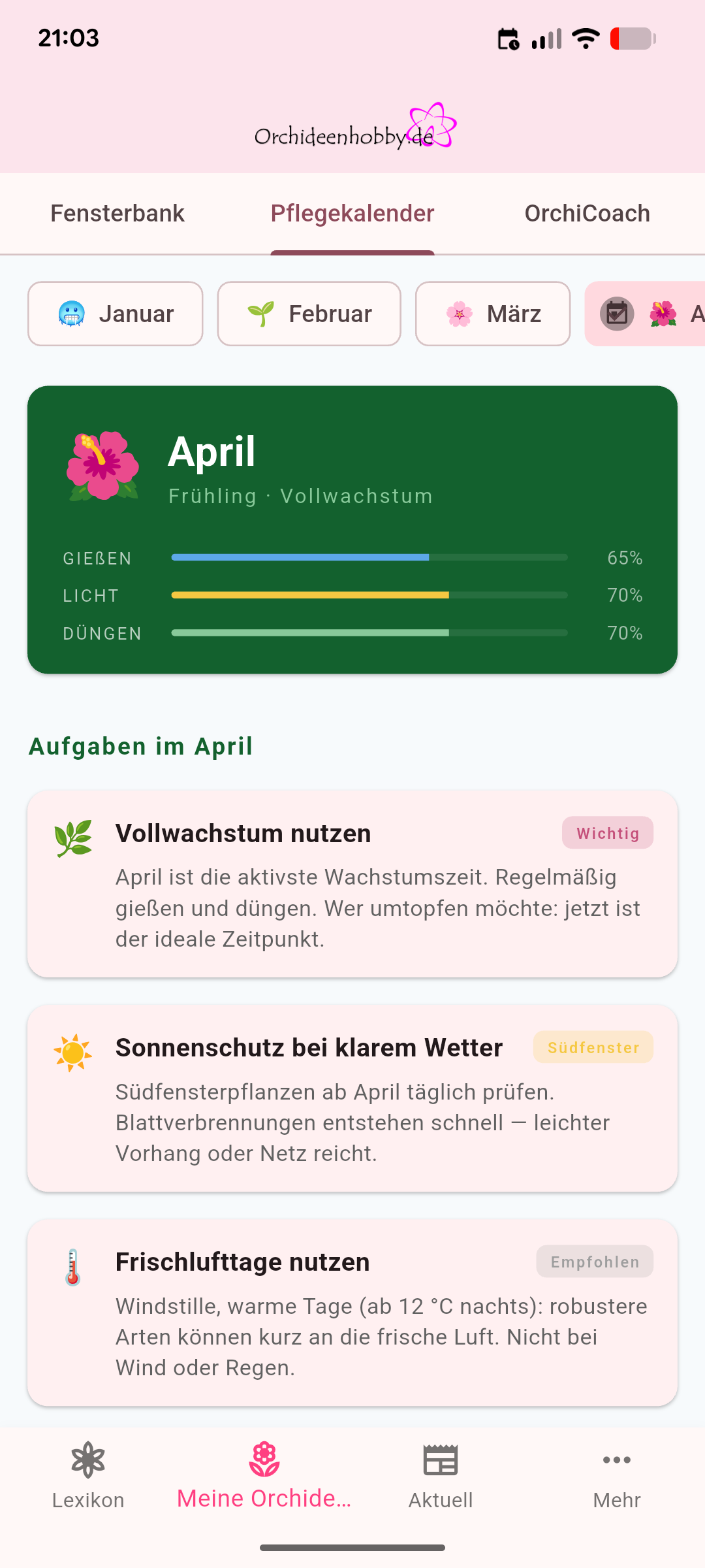 Pflegekalender der Orchideenhobby.de-App mit Pflegehinweisen für April
