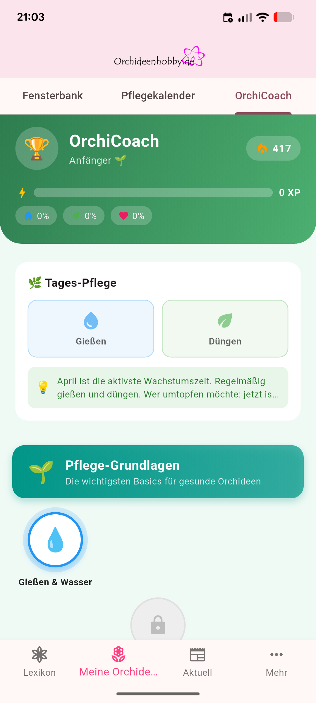 OrchiCoach in der Orchideenhobby.de-App mit Pflegeaufgaben und Lernbereich