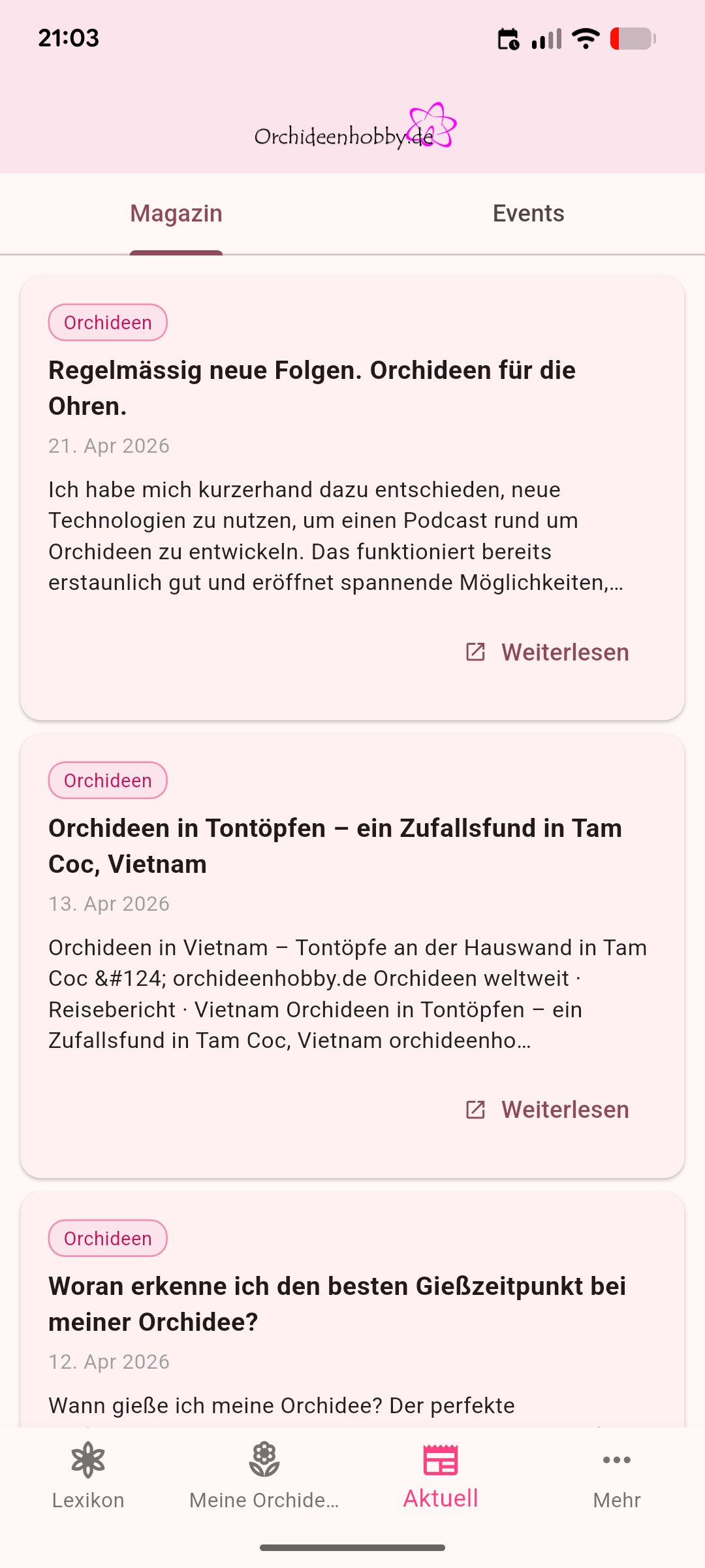 Magazinbereich der Orchideenhobby.de-App mit aktuellen Beiträgen