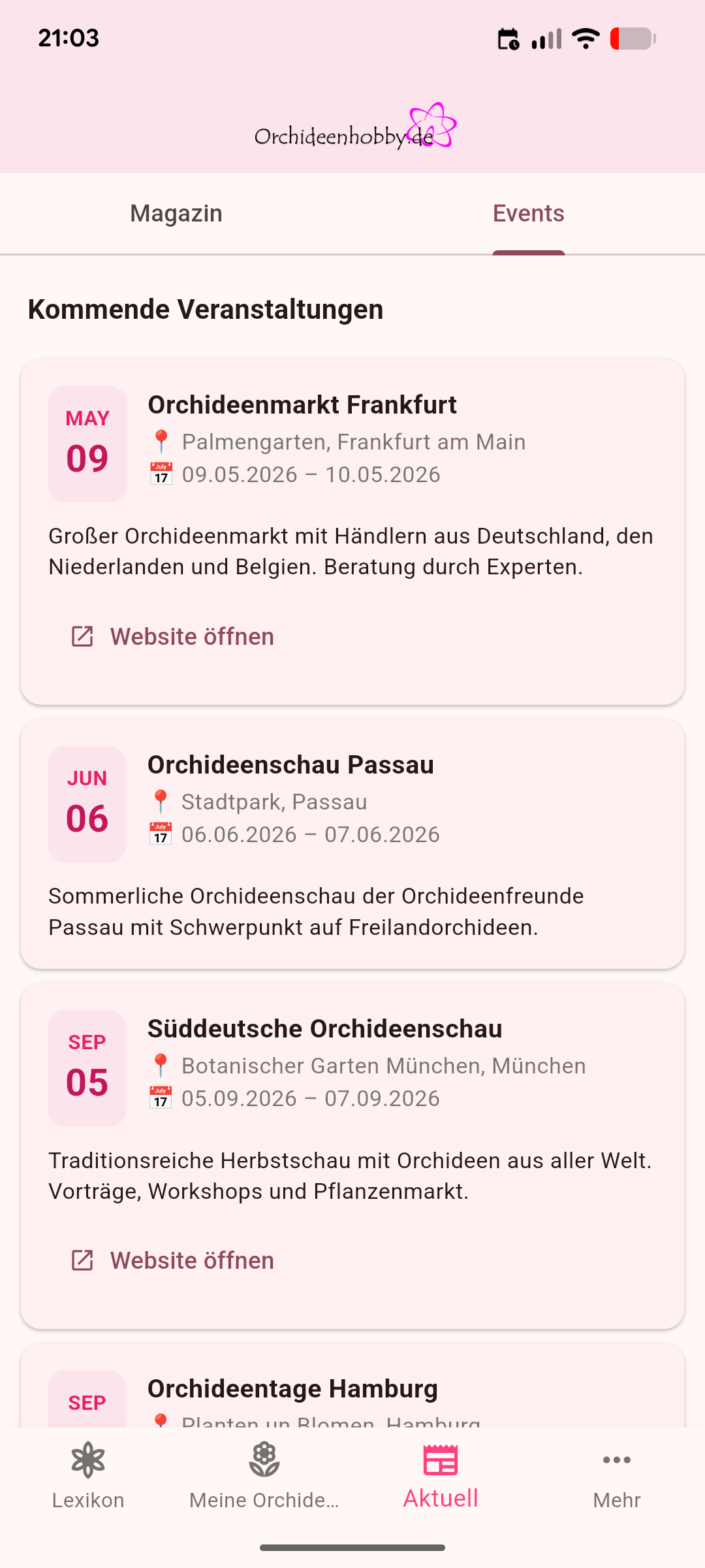 Eventbereich der Orchideenhobby.de-App mit kommenden Orchideen-Veranstaltungen