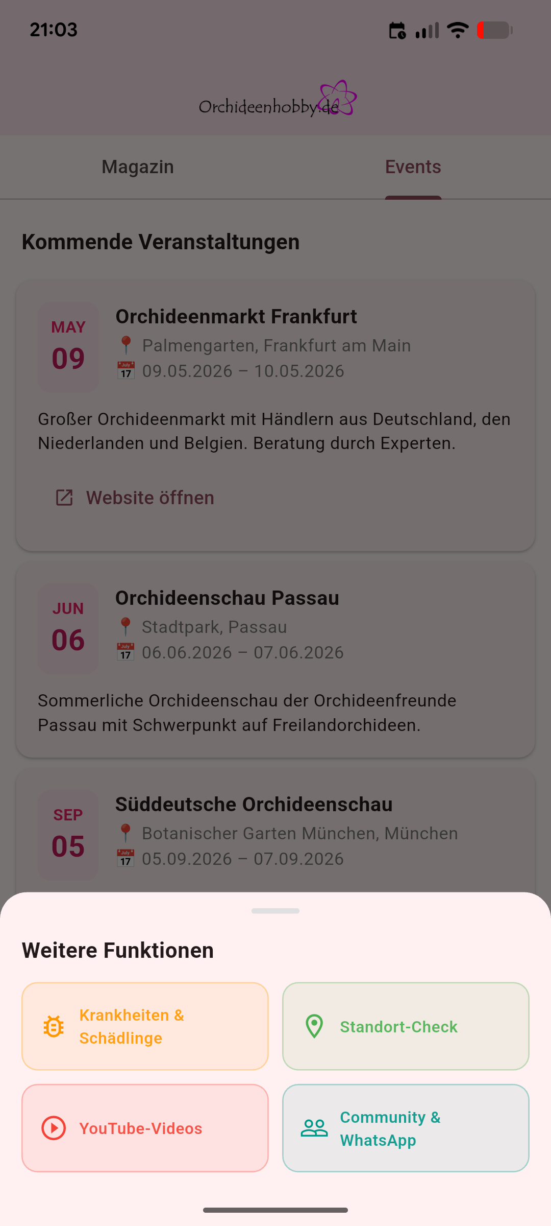 Weitere Funktionen der Orchideenhobby.de-App mit Krankheiten, Standort-Check, YouTube und Community