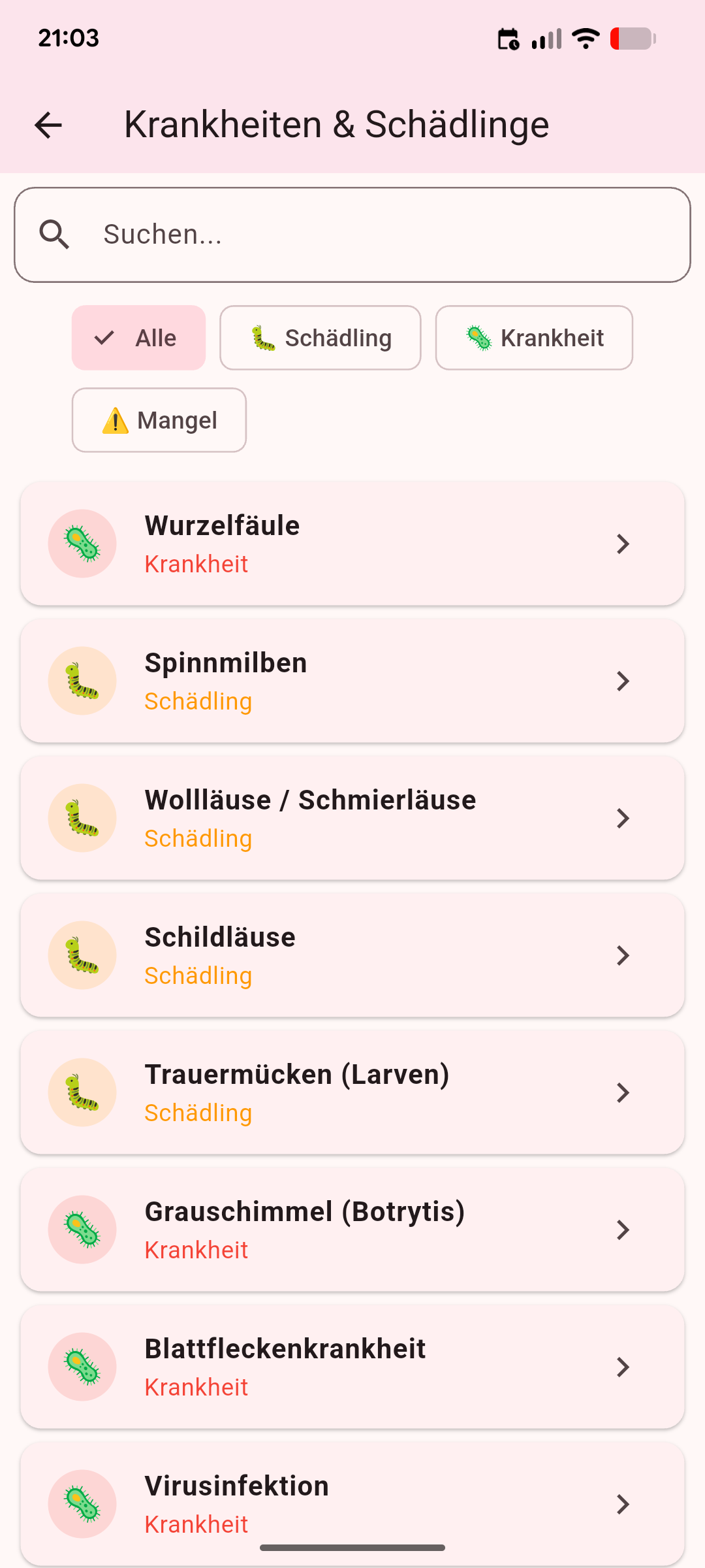 Krankheiten und Schädlinge in der Orchideenhobby.de-App mit Such- und Filterfunktion