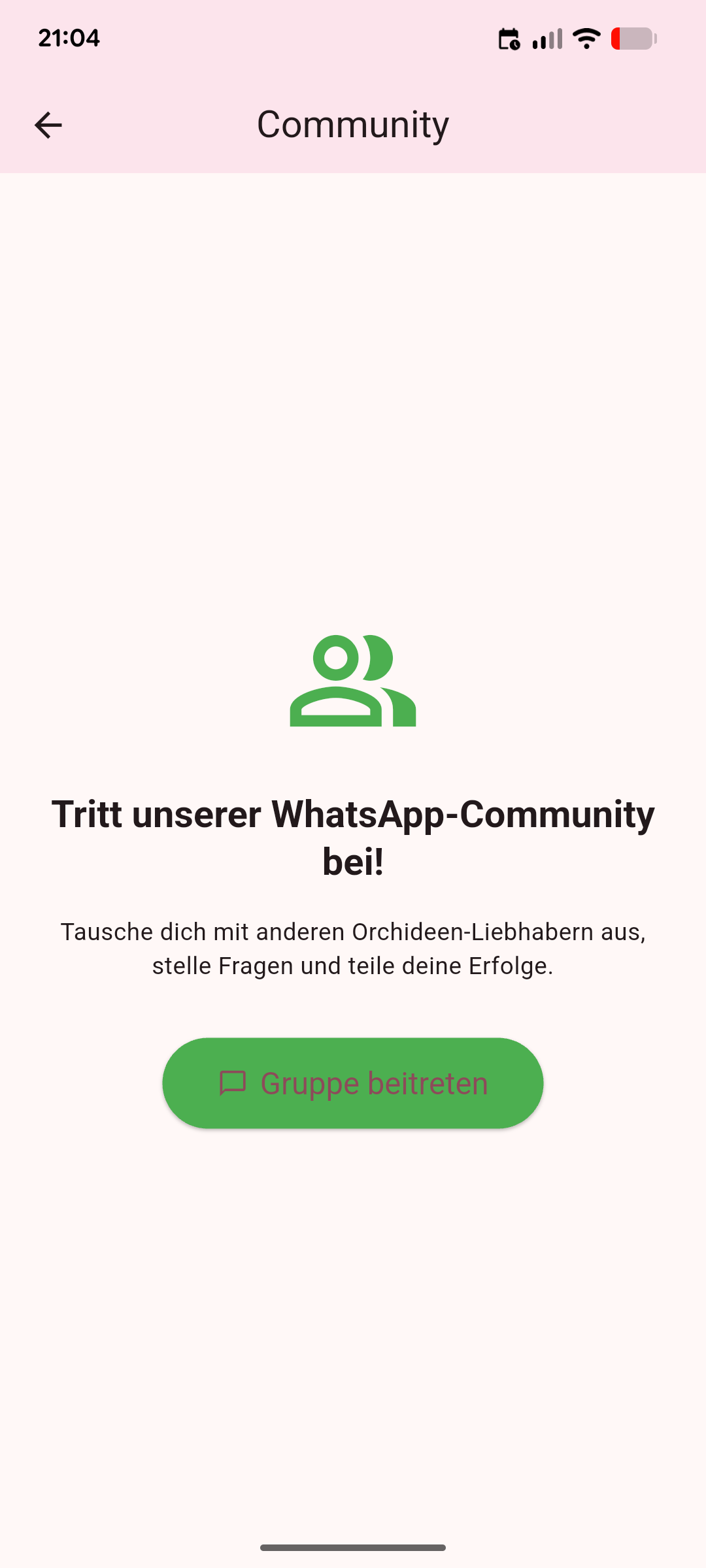 Community-Bereich der Orchideenhobby.de-App mit Hinweis auf die WhatsApp-Community