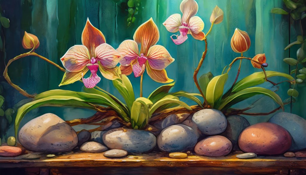 Firefly Phragmipedium Orchidee In Bunten Colomi Steinen Gepflanzt Und In Einem Holzregal Aufgestellt 4