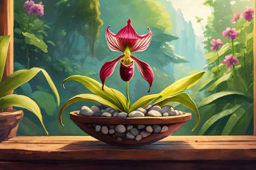 Firefly Rote Frauenschuh Orchidee In Bunten Colomi Steinen Gepflanzt Und In Einem Holzregal Aufgeste (3)