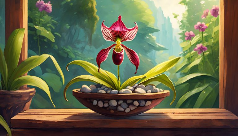 Firefly Rote Frauenschuh Orchidee In Bunten Colomi Steinen Gepflanzt Und In Einem Holzregal Aufgeste (3)