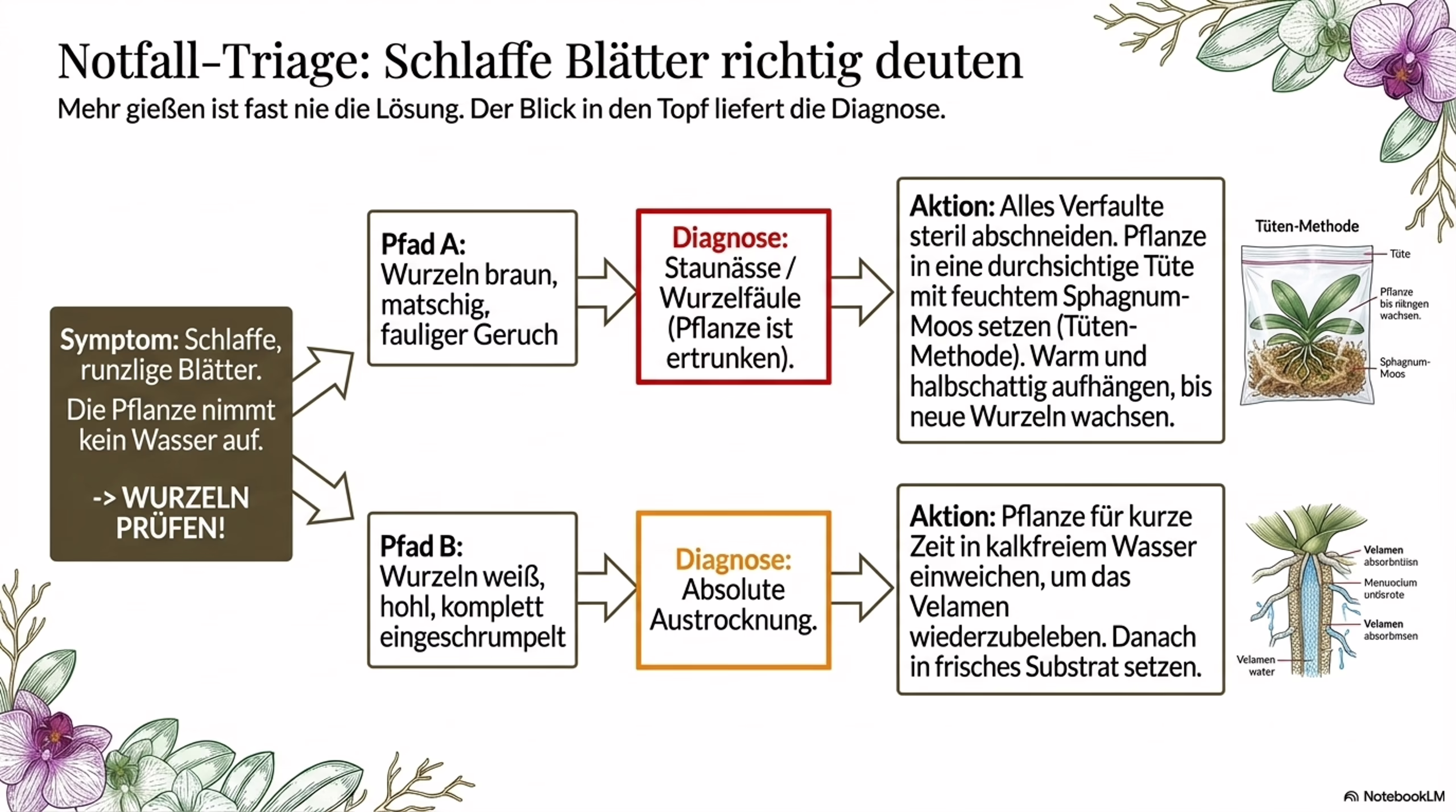Infografik Notfall-Triage: schlaffe Orchideenblätter richtig deuten anhand der Wurzeln