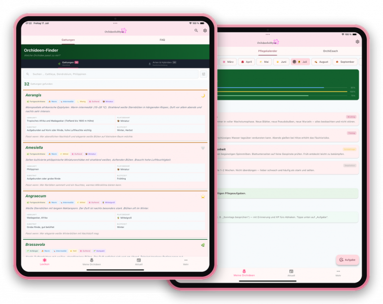 Orchideenhobby App auf zwei iPads in Rosé – Orchideen-Finder und Pflegekalender