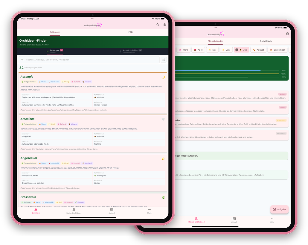 Orchideenhobby App auf zwei iPads in Rosé – Orchideen-Finder und Pflegekalender