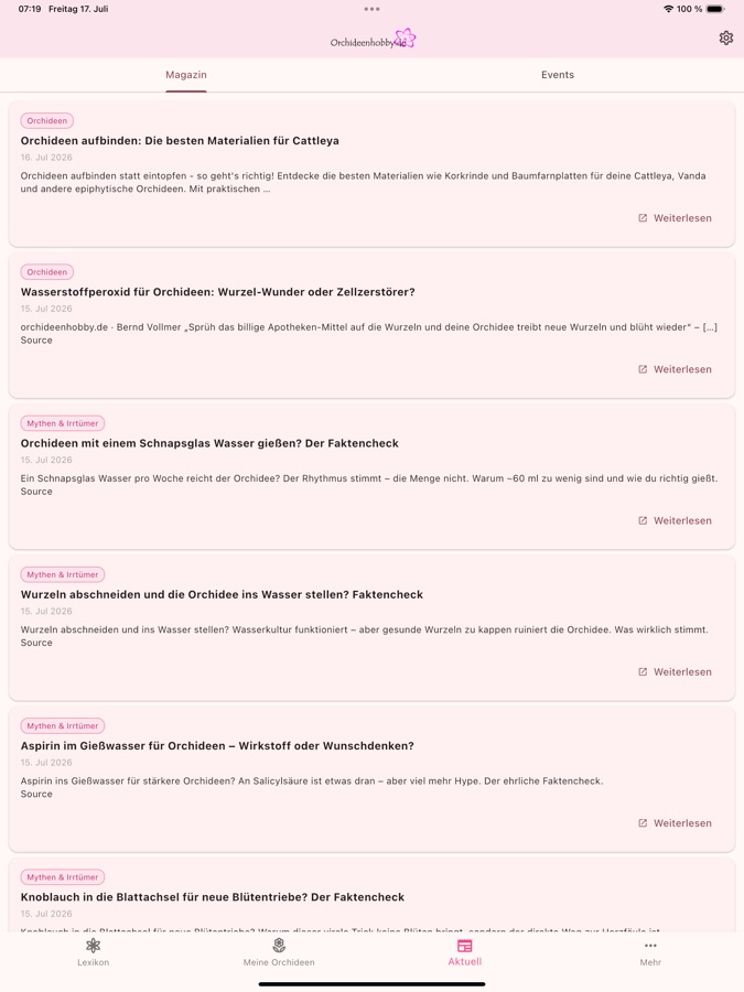 Magazin-Bereich der Orchideenhobby App mit aktuellen Artikeln