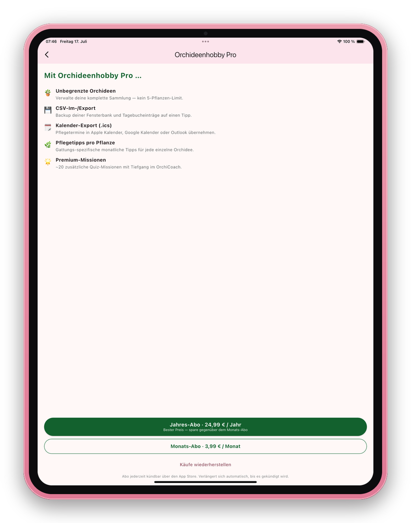 Orchideenhobby App auf einem iPad in Rosé