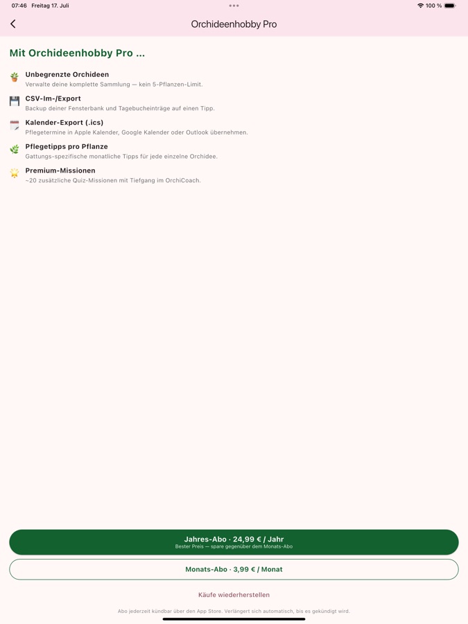 Orchideenhobby Pro – Übersicht der Premium-Funktionen und Preise