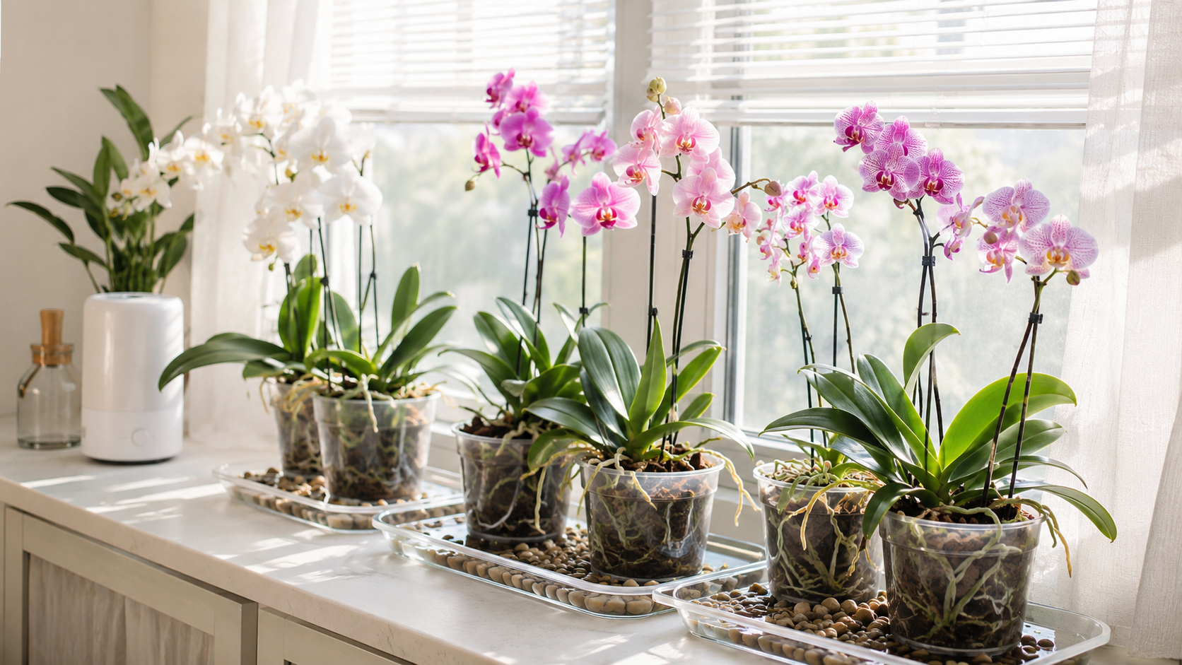 Phalaenopsis-Orchideen auf einer hellen Fensterbank hinter einem lichtdurchlässigen Vorhang
