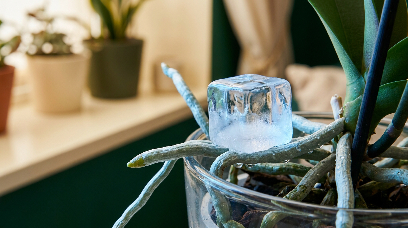 Eiswürfel schmilzt auf den silbrig-grünen Wurzeln einer Phalaenopsis-Orchidee im Glastopf