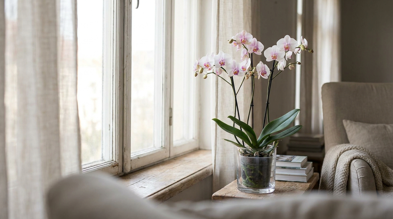 Blühende Phalaenopsis-Orchidee im transparenten Topf auf einer hellen Fensterbank