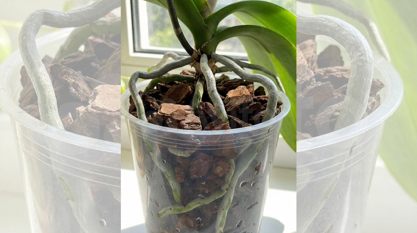 Silbrig-grüne Wurzeln einer Phalaenopsis im transparenten Topf mit Pinienrinde