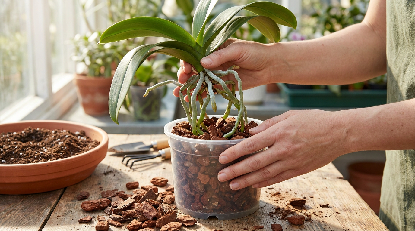 Hände topfen eine Phalaenopsis in frische grobe Pinienrinde um