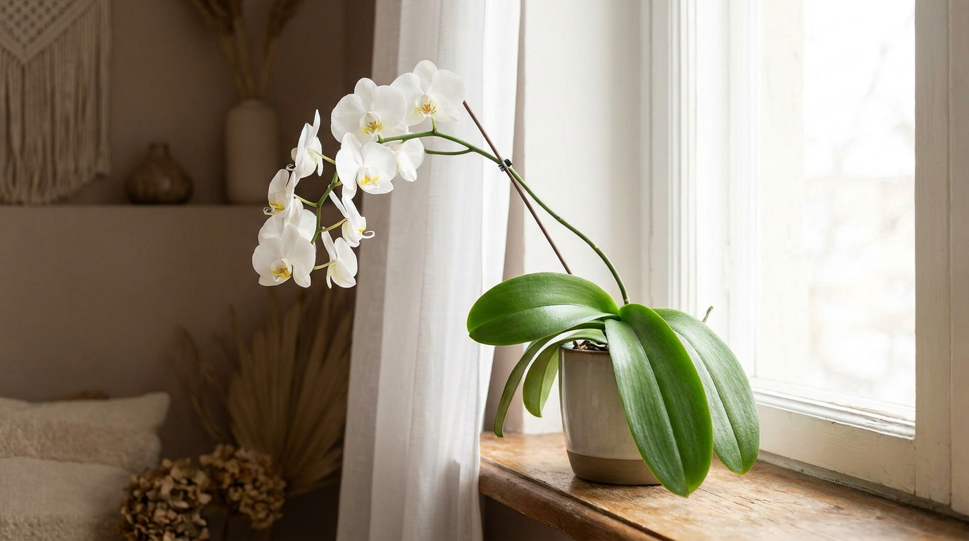 Phalaenopsis-Orchidee an einem hellen Ostfenster mit lichtdurchlässiger Gardine