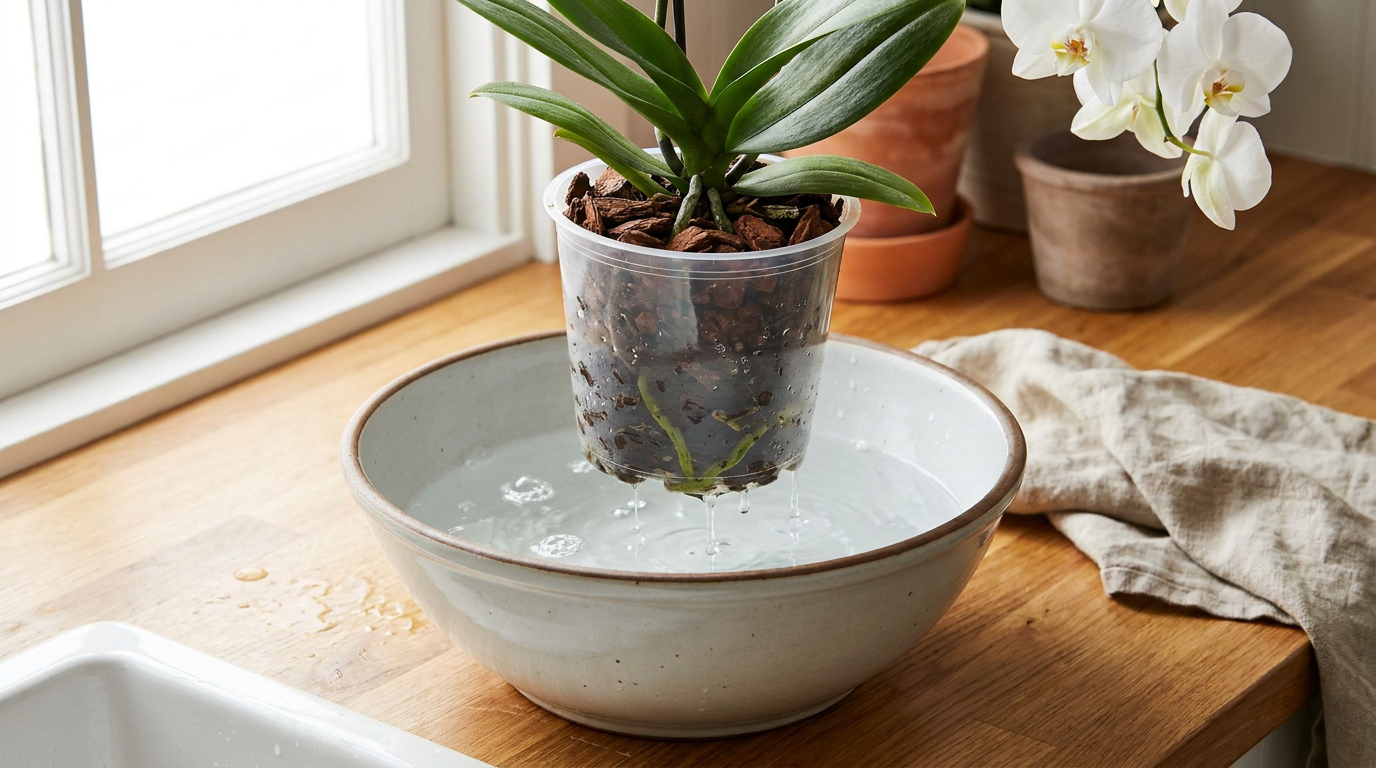 Phalaenopsis im transparenten Topf wird in eine Schale mit lauwarmem Wasser getaucht