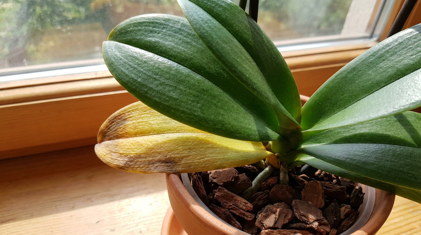 Vergilbendes unteres Blatt einer Phalaenopsis neben gesunden grünen Blättern