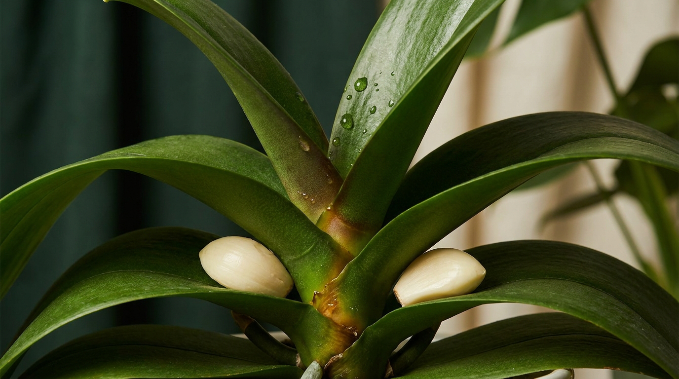 Knoblauchzehe in der Blattachsel einer Phalaenopsis – beginnende Fäulnis im Herz der Orchidee