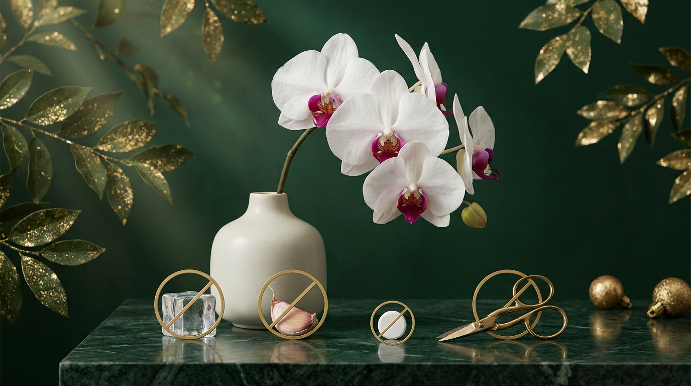 Phalaenopsis-Orchidee umgeben von Eiswürfel, Knoblauch, Aspirin und Schere – jeweils als Mythos durchgestrichen