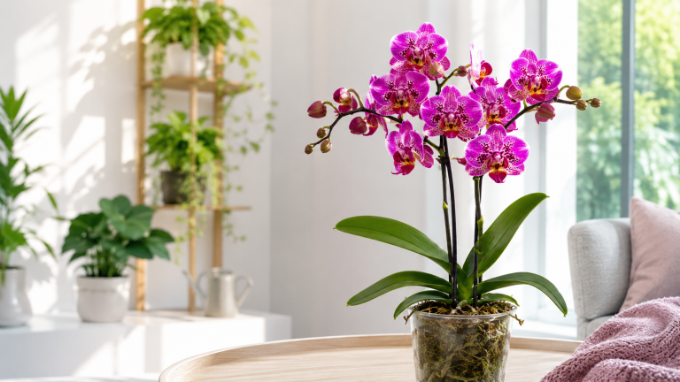 Rosafarbene Blüten der Phalaenopsis Table Dance Berry Kiss