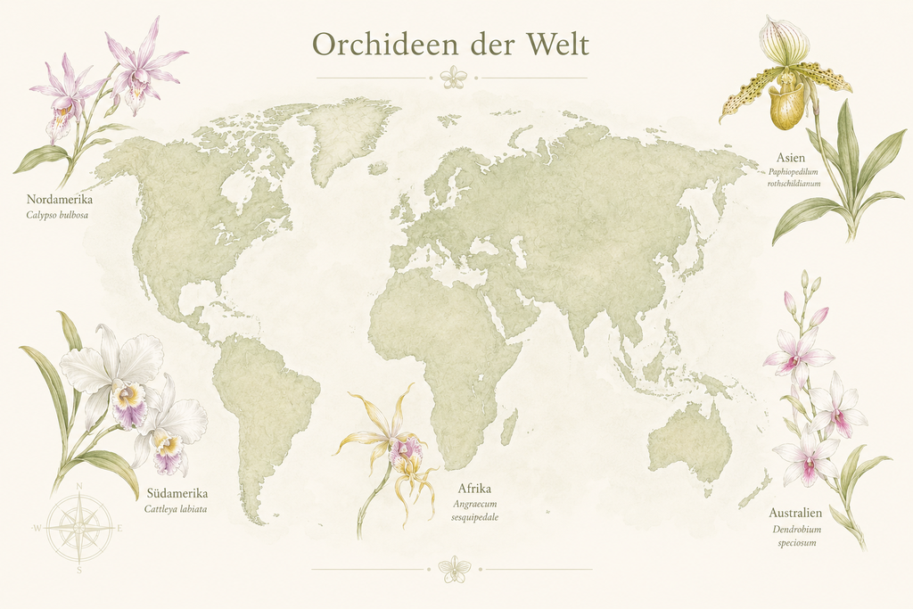 Illustrative Weltkarte mit Orchideenmotiven