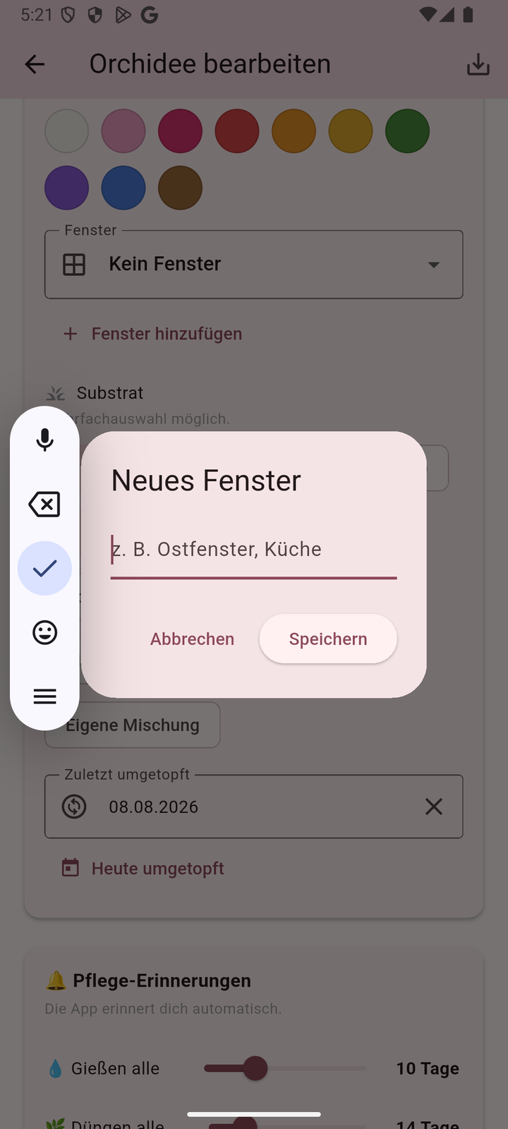 Orchideenhobby-App 1.4 – Ein neues Fenster ist mit zwei Tipps angelegt: Name eingeben, speichern.