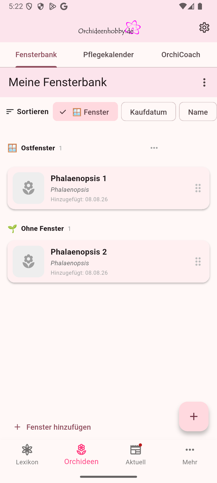 Orchideenhobby-App 1.4 – Die Übersicht gruppiert automatisch nach Fenstern – hier Ostfenster und „Ohne Fenster“.