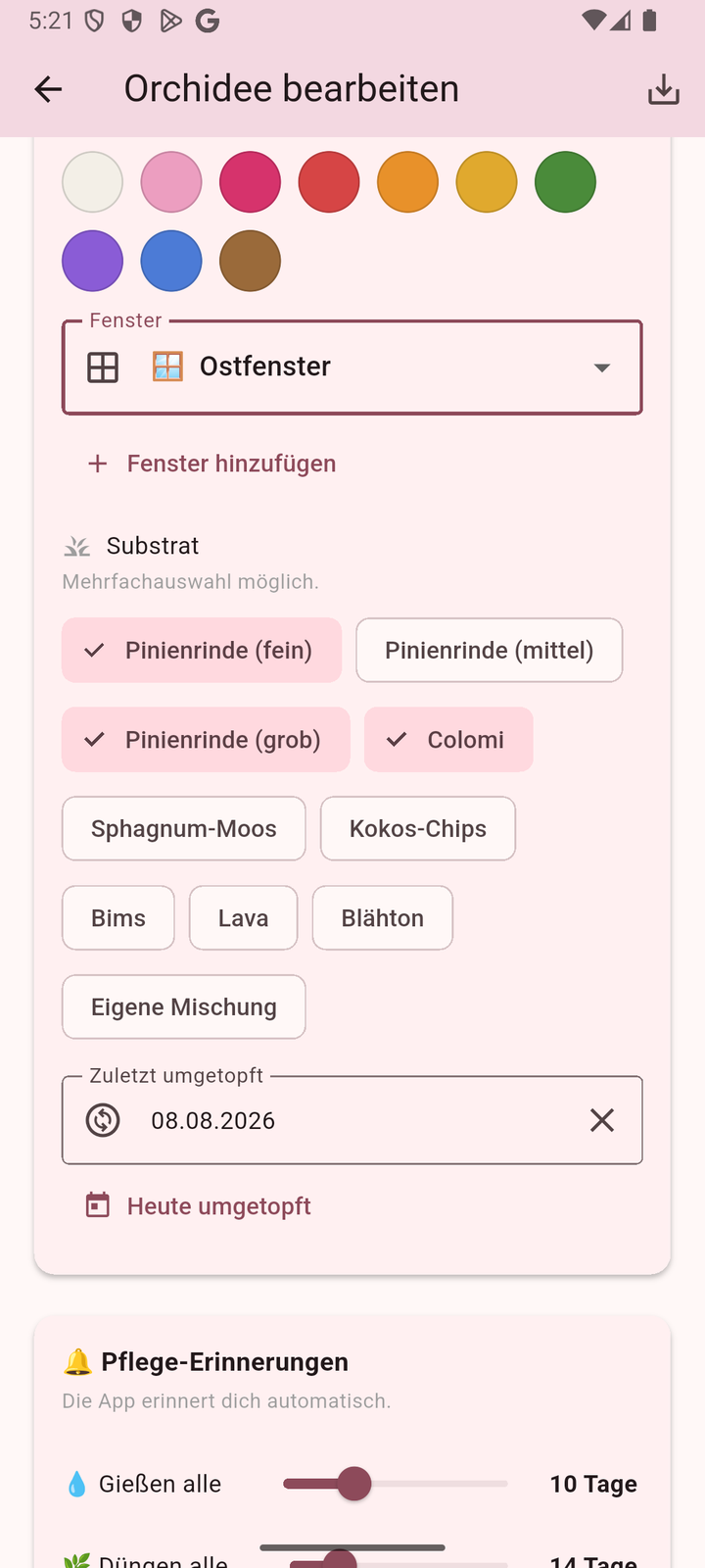 Orchideenhobby-App 1.4 – Die neuen „Merkmale“: Kaufdatum, Blütenfarbe als Farbpunkt, Fenster – und darunter Substrat & Umtopf-Zeitpunkt.