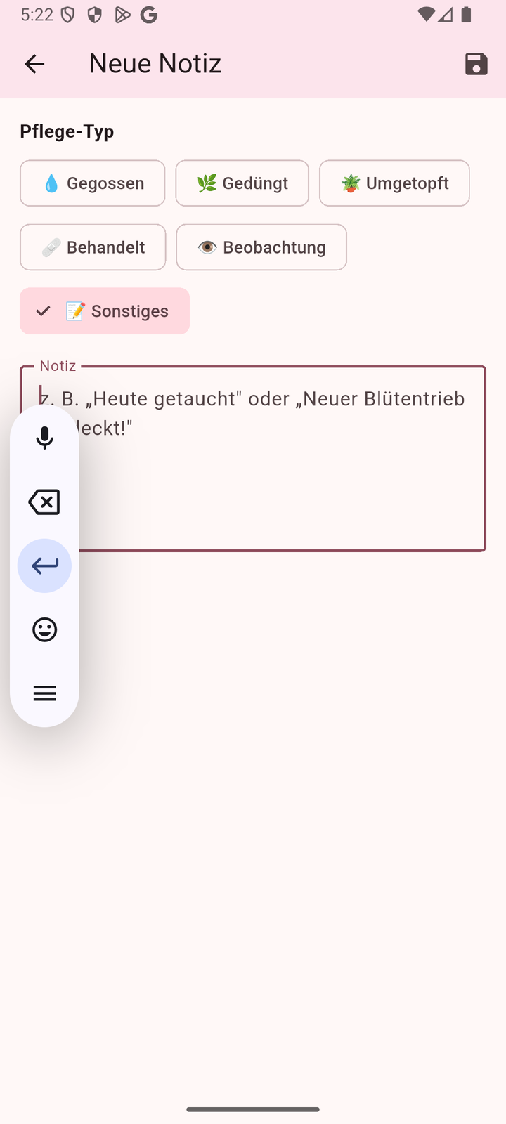 Orchideenhobby-App 1.4 – Neue Notiz für den Zeitstrahl: Pflege-Typ wählen, kurzen Text dazu – fertig ist der Tagebucheintrag.