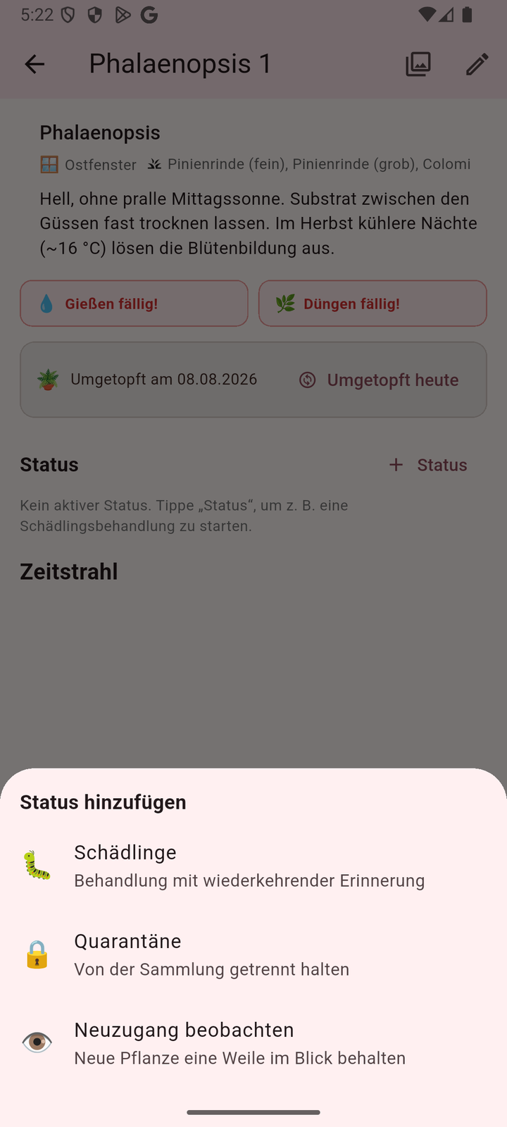 Orchideenhobby-App 1.4 – In der geöffneten Pflanze legst du über „+ Status“ einen Zustand an: Schädlinge, Quarantäne oder Neuzugang beobachten.