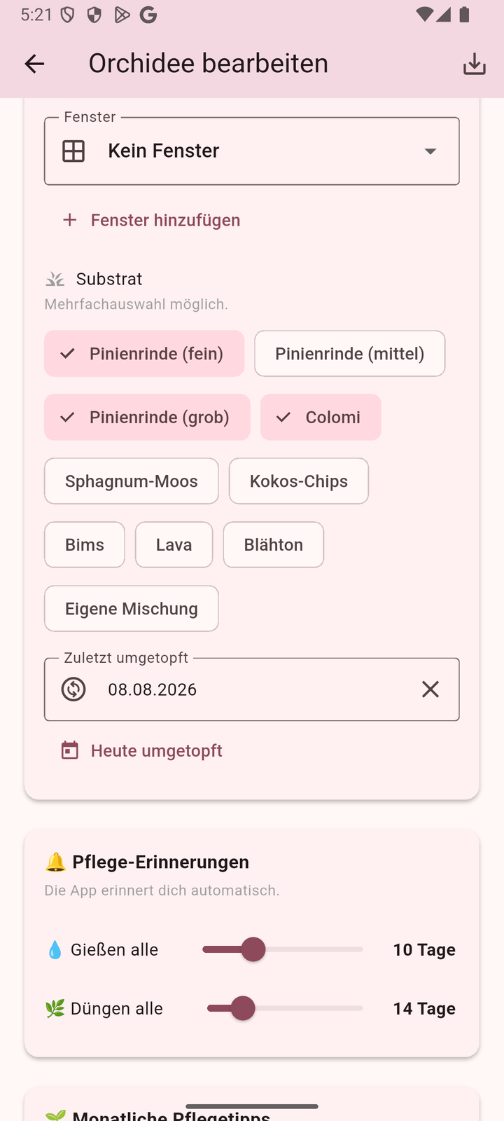 Orchideenhobby-App 1.4 – Substrat als Mehrfachauswahl – hier Pinienrinde (fein + grob) und Colomi.