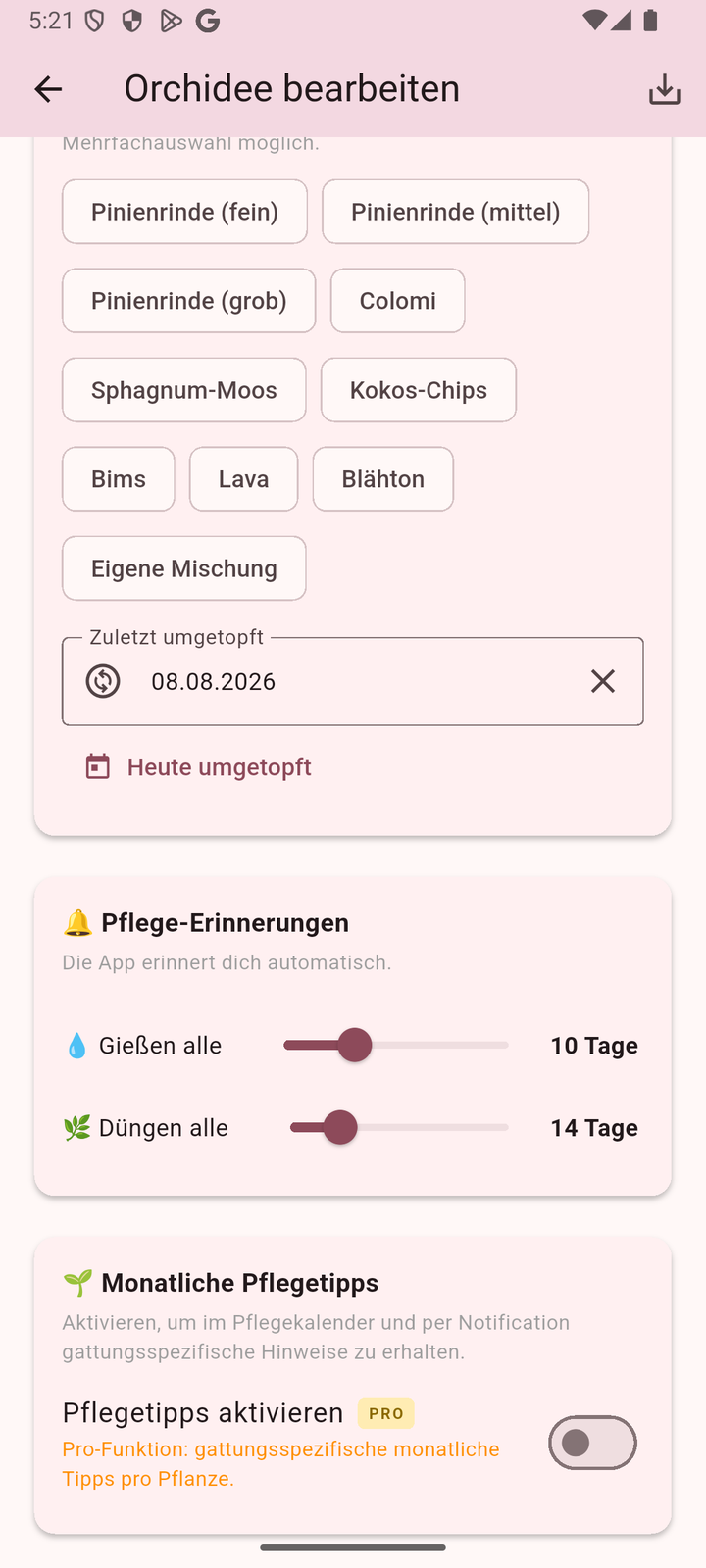 Orchideenhobby-App 1.4 – Der Umtopf-Zeitpunkt: „Zuletzt umgetopft“ mit Datum oder ein Tipp auf „Heute umgetopft“.