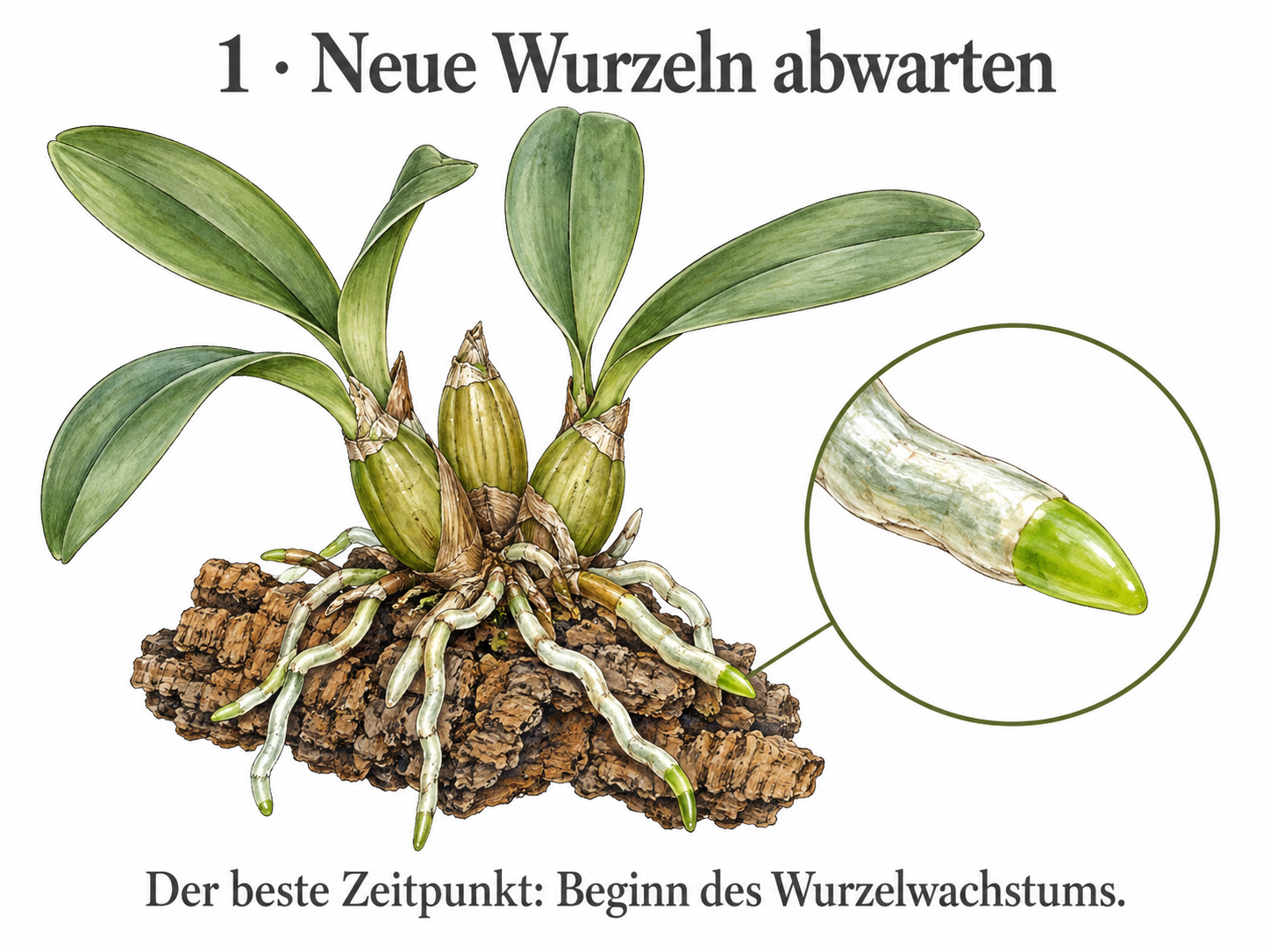 Cattleya mit hellen Wurzeln und einer vergrößerten jungen grünen Wurzelspitze.
