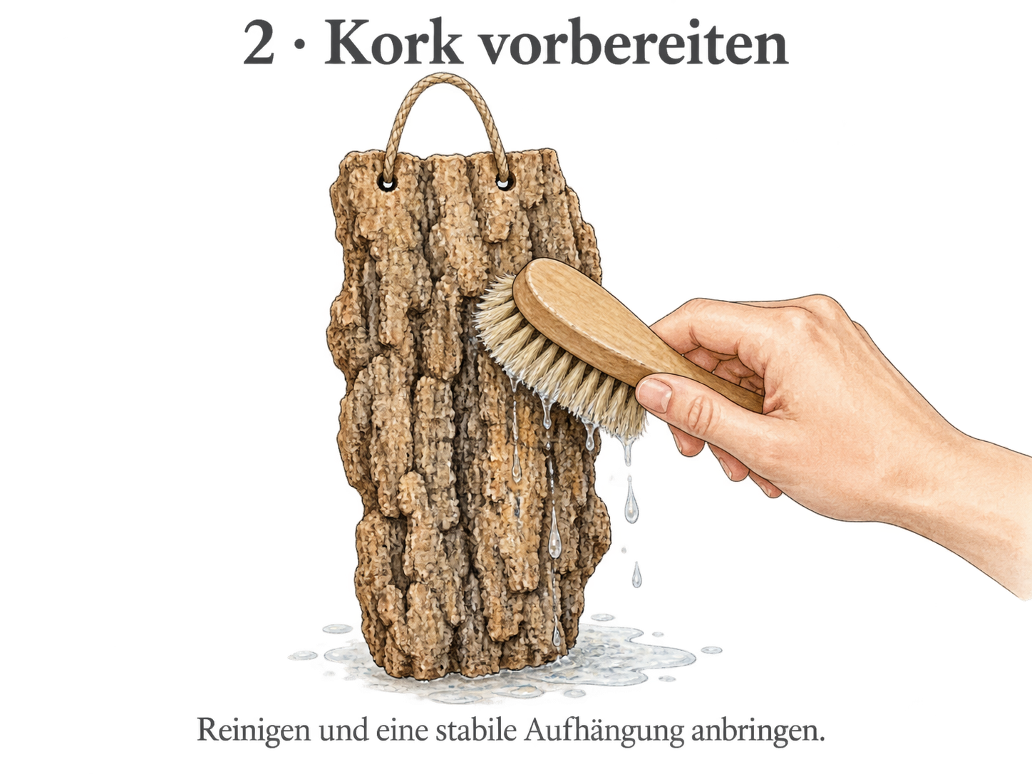 Eine Hand reinigt eine Naturkorkplatte mit Bürste und Wasser. Oben ist eine Aufhängeschlaufe angebracht.