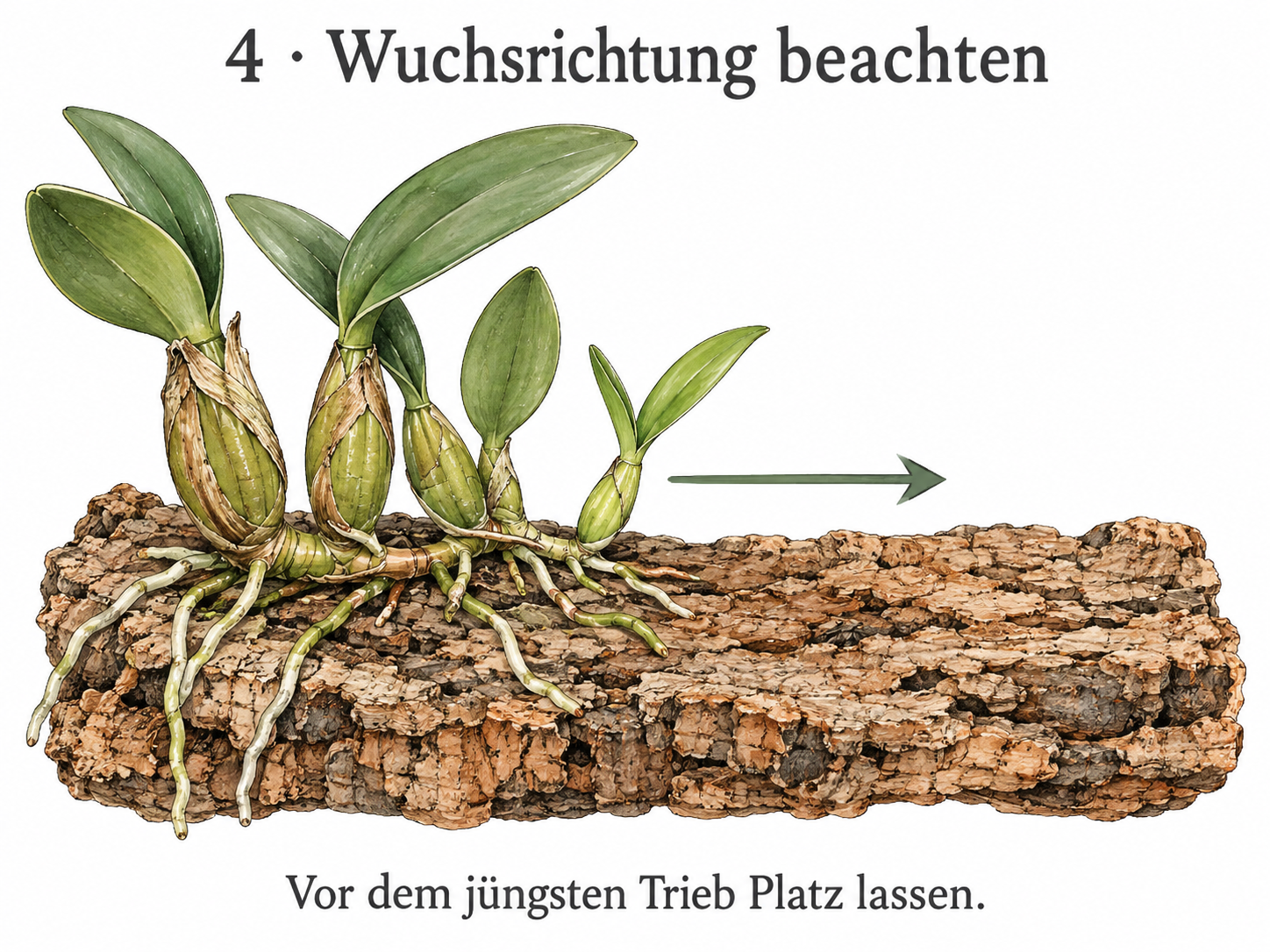 Cattleya auf der linken Hälfte einer Korkplatte. Ein Pfeil zeigt freie Fläche vor dem jüngsten Trieb.