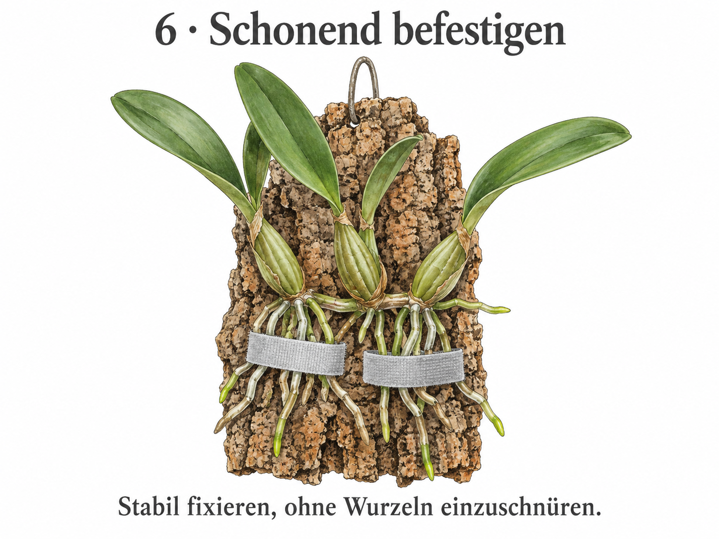 Eine Cattleya wird mit weichen Bändern über älteren Wurzelabschnitten an einer Korkplatte gehalten.