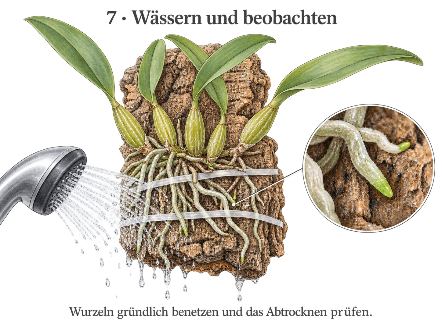 Eine Brause benetzt die Wurzeln einer aufgebundenen Cattleya. Wasser tropft frei ab.