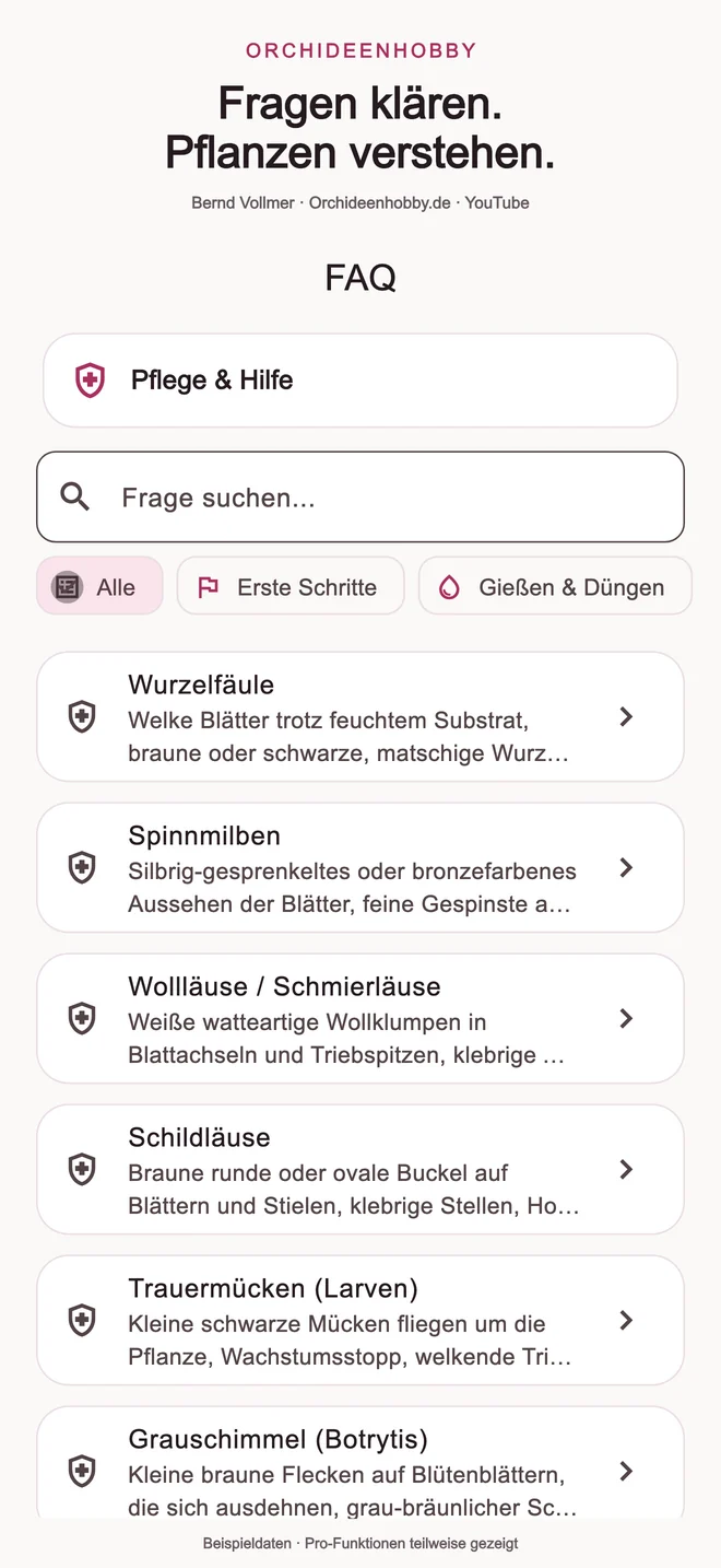 Orchideenhobby App 2.0: FAQ Pflege und Hilfe mit Wurzelfäule, Spinnmilben, Wollläusen und Schildläusen