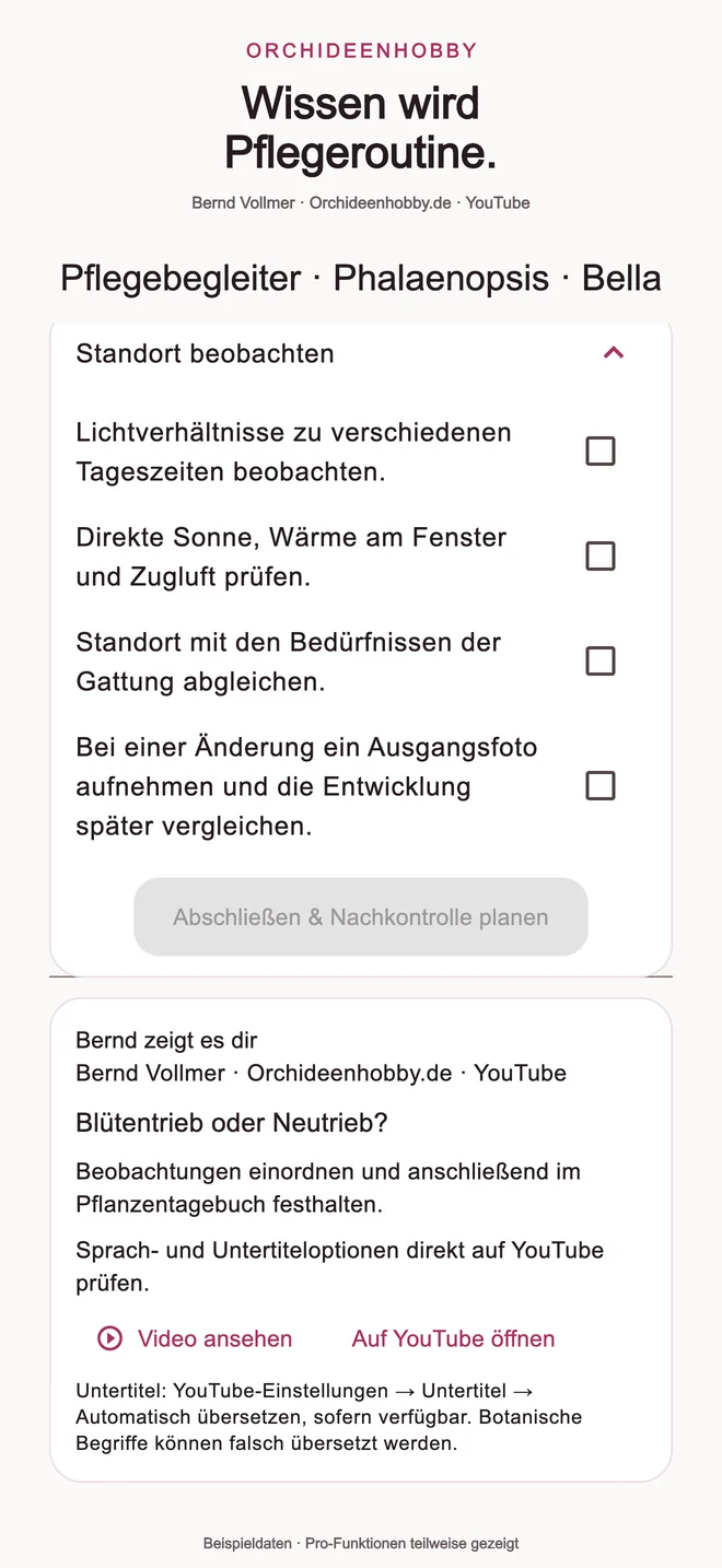 Orchideenhobby App 2.0: Pflegebegleiter mit Checkliste Standort beobachten und Videotipp von Bernd Vollmer